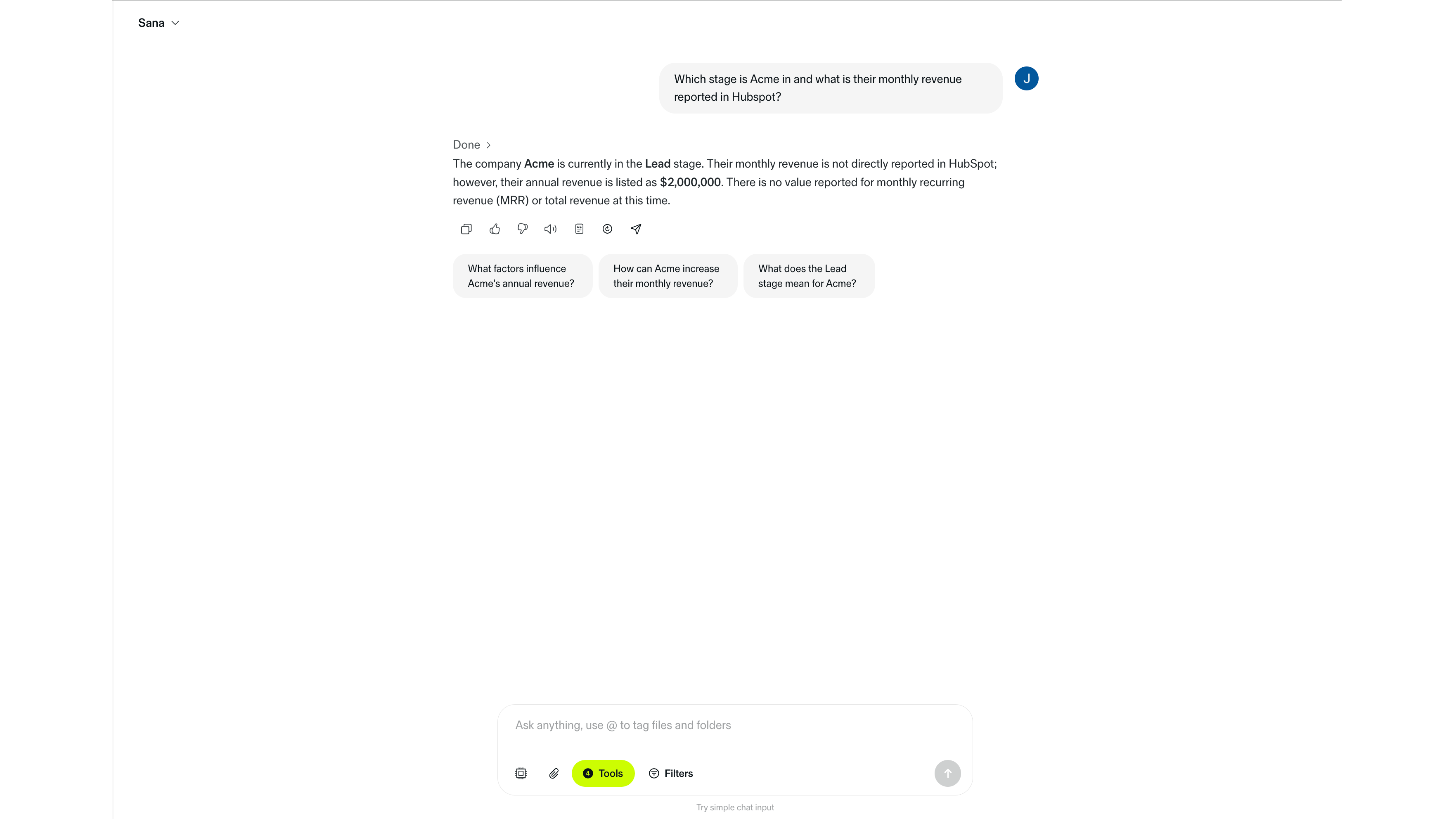 Ask questions about contacts, companies and deals in Sana